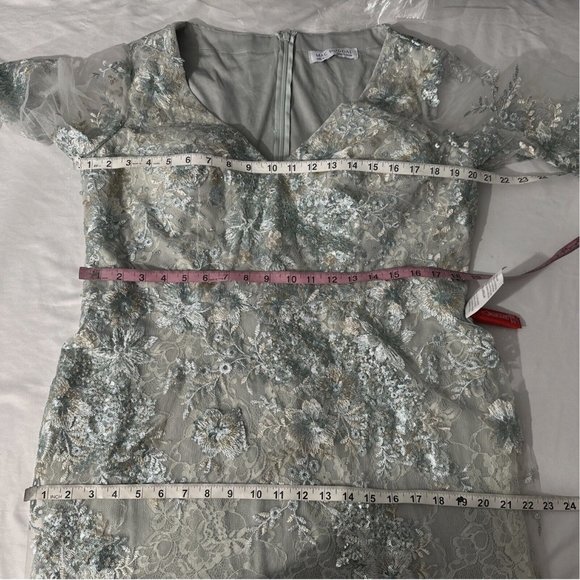 NWT$698 Mac Duggal [ 16 ] Embellished V-Neck Illusion Long Sleeve Gown Sea‎ Mist - Picture 14 of 16